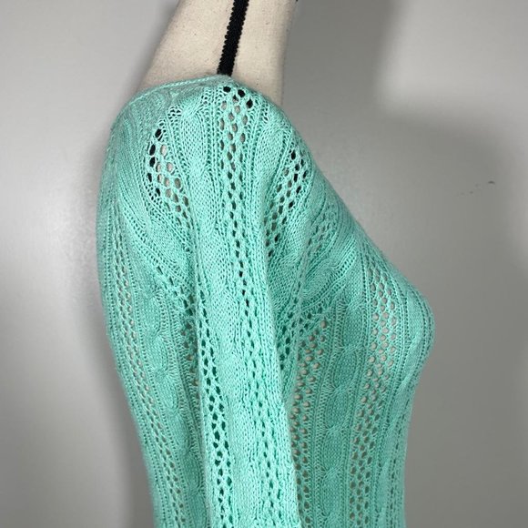 SO Teal Crew Neck Eyelet Embroidered Hem 3/4 Sleeve Pullover Sweater XS - Picture 7 of 12